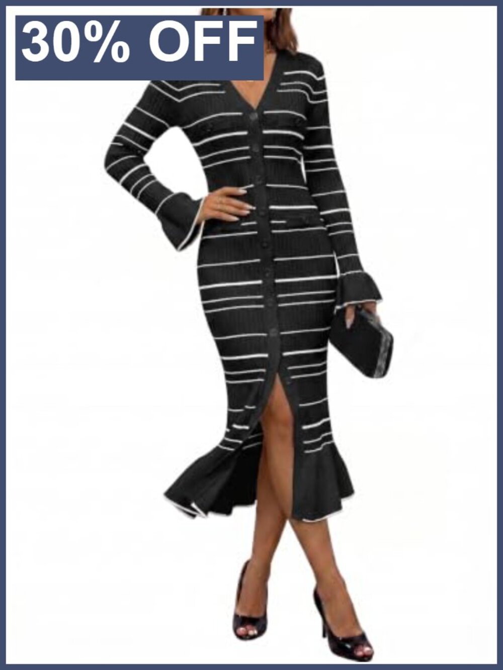 Long Sleeve Ribbed Knit Bodycon Sweater Dress Fishtail Hem Midi